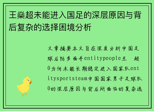 王燊超未能进入国足的深层原因与背后复杂的选择困境分析